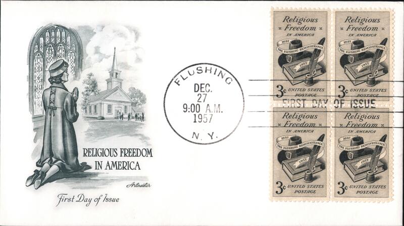 1957 3c Religious Freedom in America Block of 4 Stamps First Day Cover