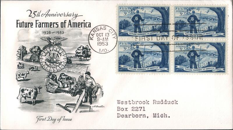 1953 3c Future Farmers of America Block of 4 Stamps First Day Cover