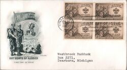 1950 3c Boy Scouts 40th Anniversary Block of Four Stamps FDC First Day Cover