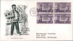 1952 3c Newspaper Boys Block of Four Stamps First Day Cover First Day Cover