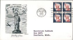 1958 8c Statue of Liberty First Day Cover Block of Four Stamps First Day Cover