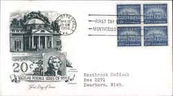 1956 20c Monticello Block of Four Stamps First Day Cover First Day Cover