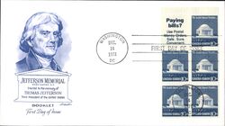 1973 10c Jefferson Memorial Booklet First Day Cover Block of 4 Stamps First Day Cover