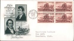1954 3c Lewis and Clark Block of 4 Stamps First Day Cover First Day Cover