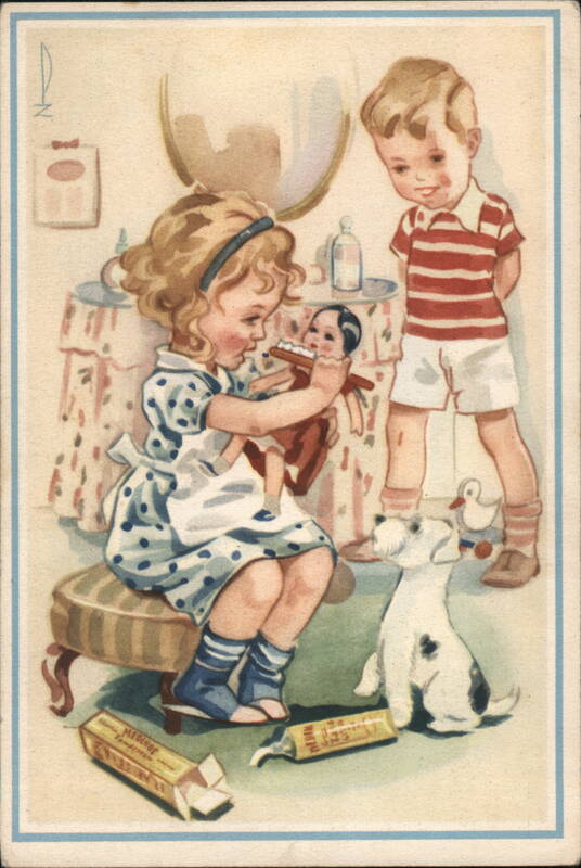 Girl Brushing Doll's Teeth, Medinos Toothpaste Ad Advertising
