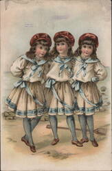 Three Girls in Sailor Dresses & Red Hats Trade Card