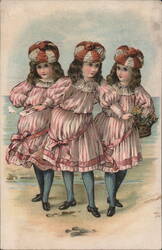 Three Girls in Striped Dresses on Beach Trade Card