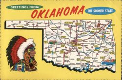 Greetings From Oklahoma The Sooner State Map & Native American Chief Postcard