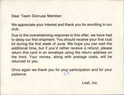 Donruss Baseball Card Club Shipment Delay Notice Postcard