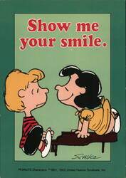 Show me your smile. Peanuts Lucy & Schroeder Postcard