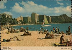 Waikiki Beach with Diamond Head & Sailboat Postcard