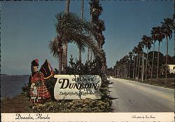 Discover Dunedin Florida Sign, Scottish Bagpiper Postcard