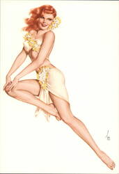 Varga Pin-Up Girl in Floral Hawaiian Style Outfit Postcard