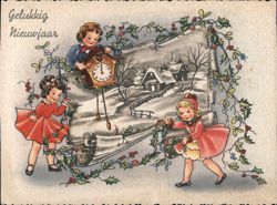 Gelukkig Nieuwjaar with Children and Winter Scene Postcard