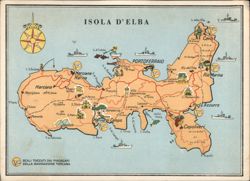 ISOLA D'ELBA Map with Steamer Routes & Towns Postcard
