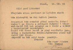 Czech Name Day Greeting, Plzeň 1955 Postcard