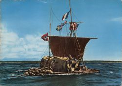 Kon-Tiki Raft with Norwegian, French, US Flags Postcard