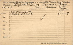 James Boyd & Co. Coal Shipment Invoice, 1892 Postcard