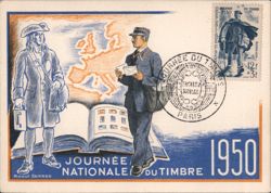 National Stamp Day 1950, Postal Workers & Europe Map Postcard