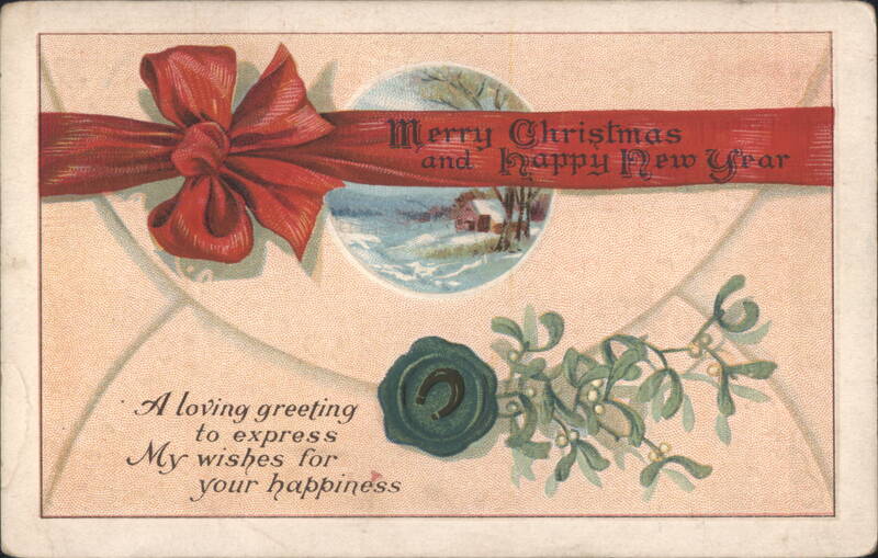 Merry Christmas and Happy New Year with Red Ribbon, Mistletoe, and Winter Scene
