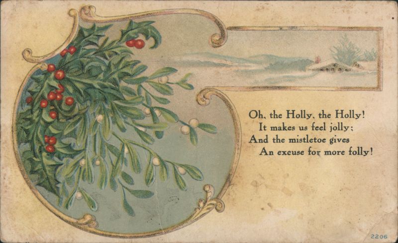Holly and Mistletoe with Winter Cottage and Festive Poem