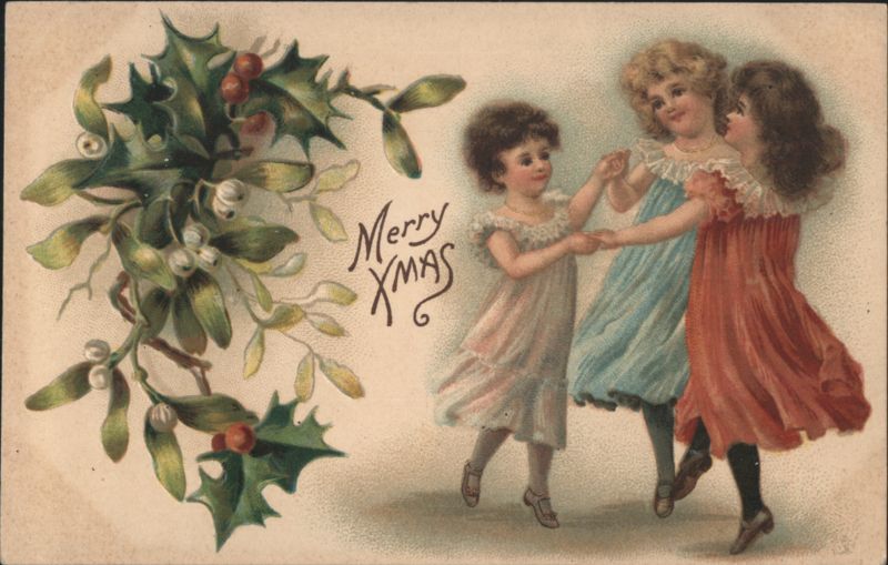 Merry Christmas Girls Dancing with Holly and Mistletoe