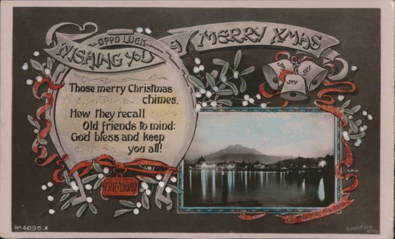 Merry Christmas Greeting with Lake & Mountain City View and Mistletoe