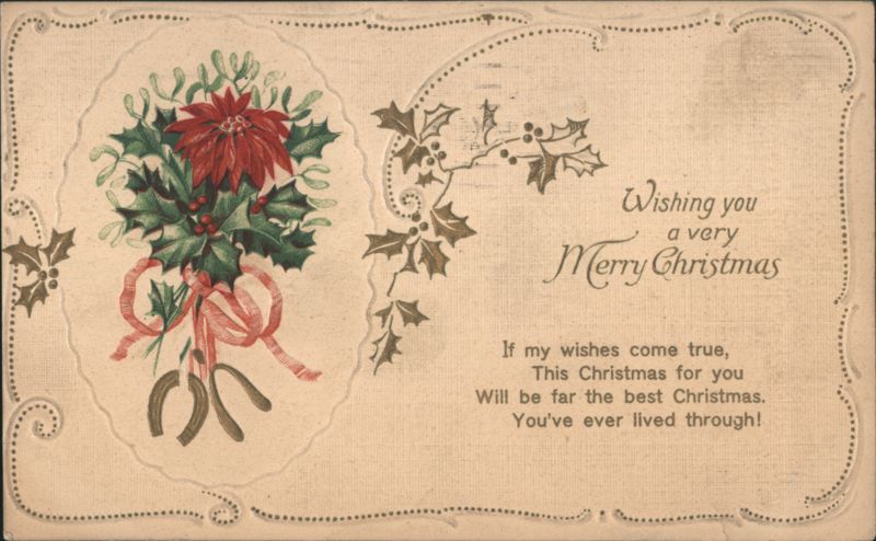 Merry Christmas Poinsettia and Holly Greeting with Horseshoe