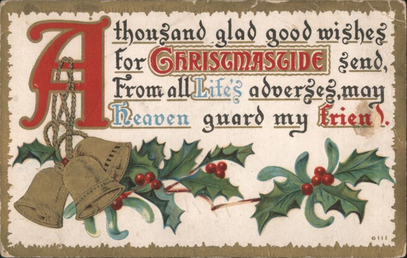 Christmas Greeting with Bells, Holly, Mistletoe and Festive Verse