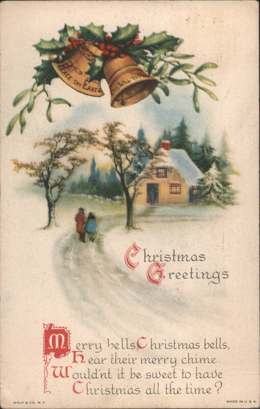 Christmas Greetings, Snowy Cottage, Bells, Holly, Peace on Earth, Good Will to Men