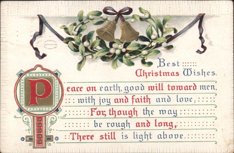 Christmas Wishes with Mistletoe, Bells, and Decorative 'P' Initial