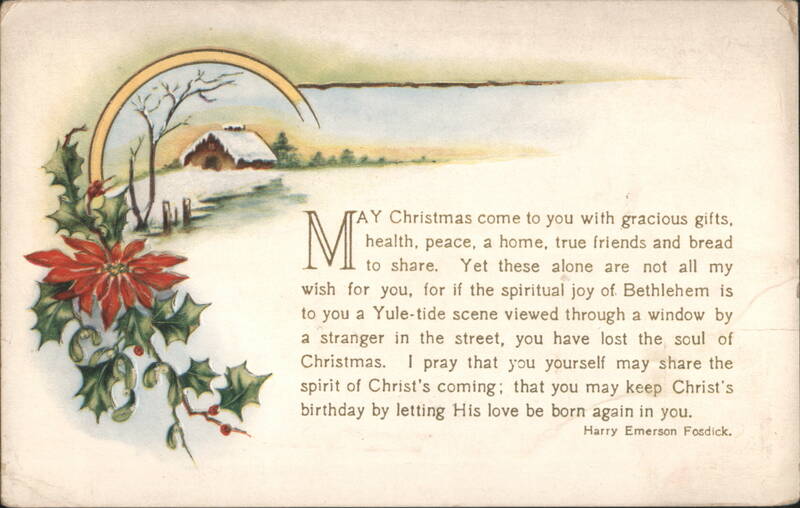 Christmas Greeting with Winter Scene, Poinsettia & Harry Emerson Fosdick Poem