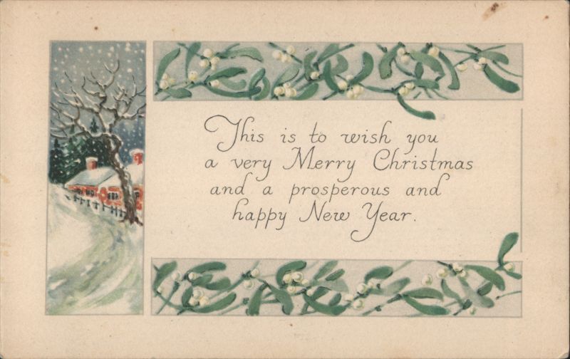 Merry Christmas & Happy New Year Greeting with Winter Scene & Mistletoe