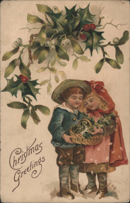 Christmas Greetings Children Holding Mistletoe Holly Illustration