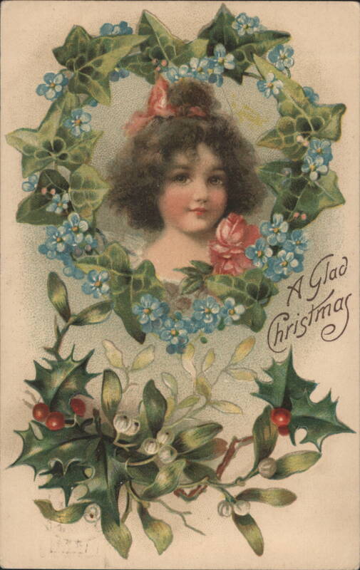 A Glad Christmas Girl in Floral Wreath with Rose and Forget-Me-Nots
