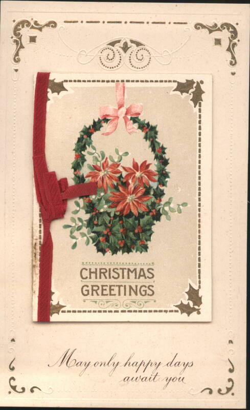 Christmas Greetings Wreath with Poinsettias Holly and Red Ribbon
