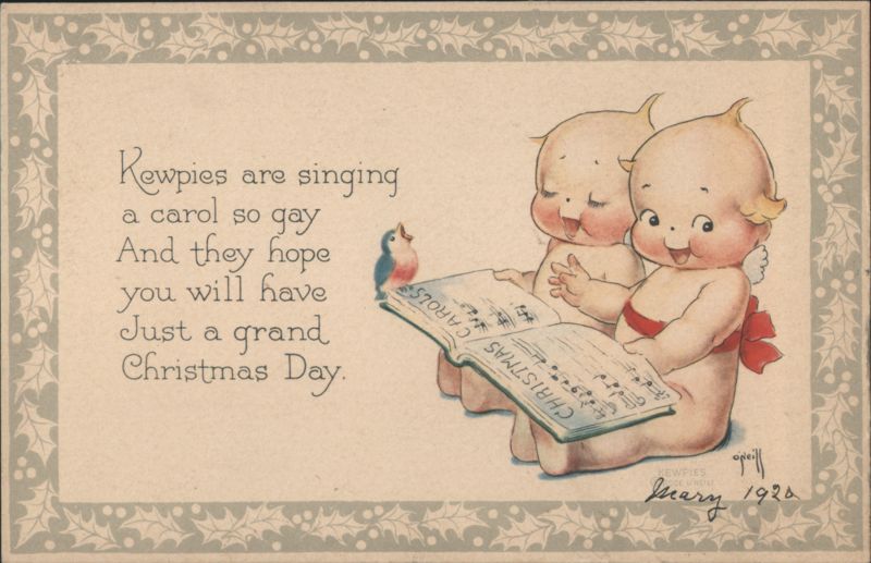 Kewpie Babies Singing Christmas Carols with Bird, Rose O'Neill Art
