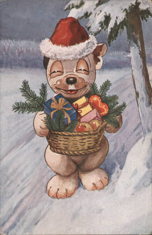 Cheerful Bear in Santa Hat with Basket of Christmas Gifts in Snowy Scene