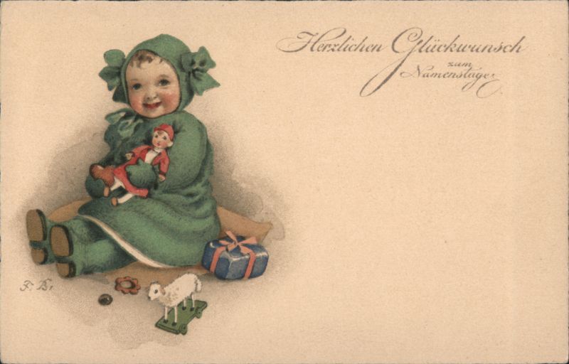 Baby in Green Outfit with Doll and Toys, Name Day Greeting