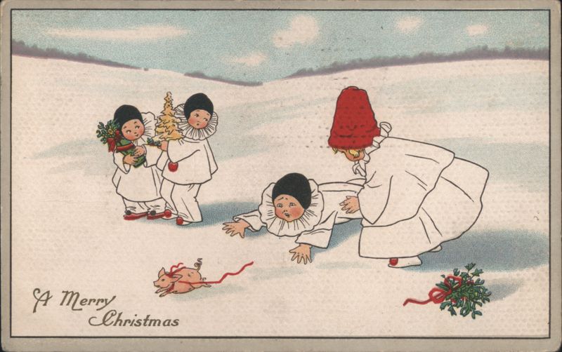 Children in Snow with Christmas Tree, Pig, and Holly, A Merry Christmas