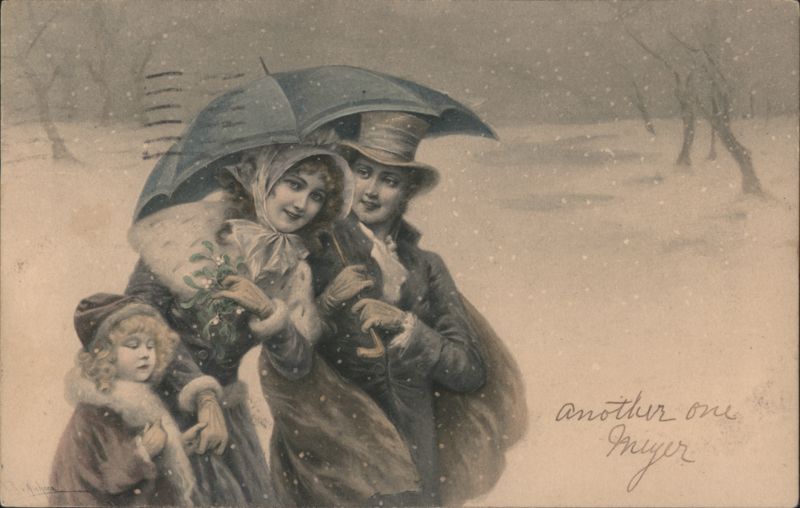 Family in Snow with Umbrella & Mistletoe, New York 1906