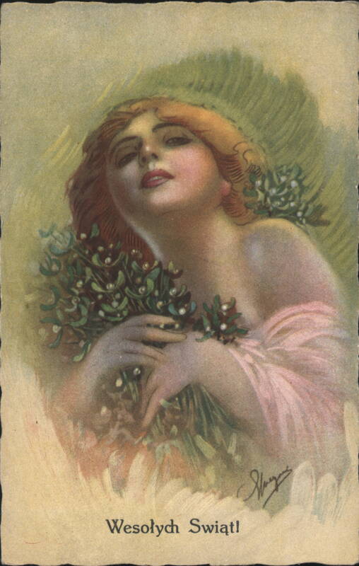 Beautiful Woman with Mistletoe, Wesołych Świąt! Art Nouveau Style