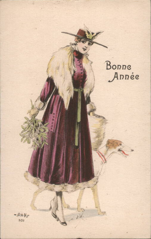 Bonne Année Woman in Fur Coat with Borzoi Dog and Mistletoe Illustration