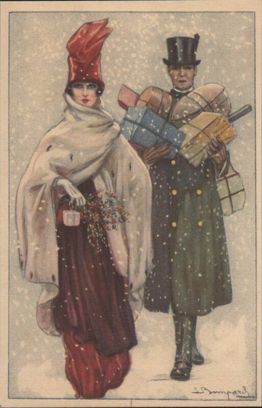 Man & Woman with Gifts in Snow, S. Bompard Art Sergio Bompard