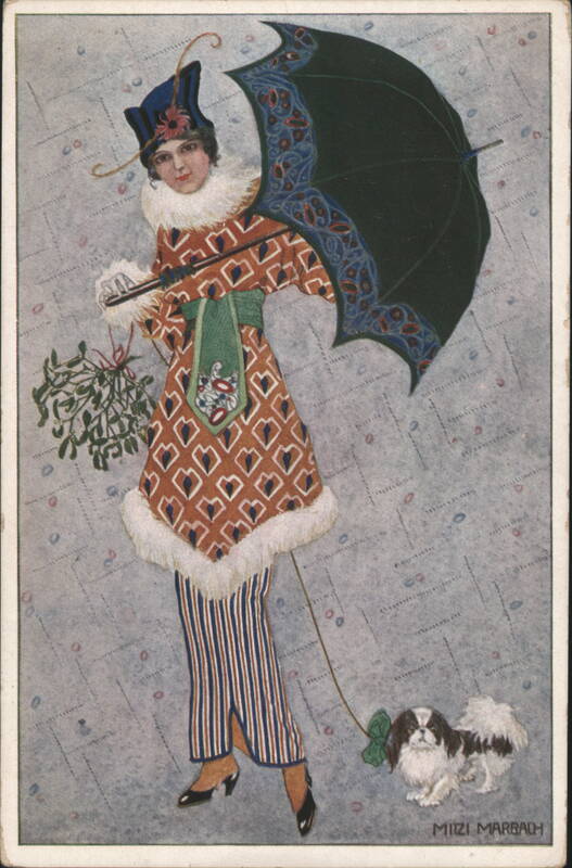 Mizzi Marbach Art Nouveau Woman with Umbrella, Mistletoe & Japanese Chin Dog