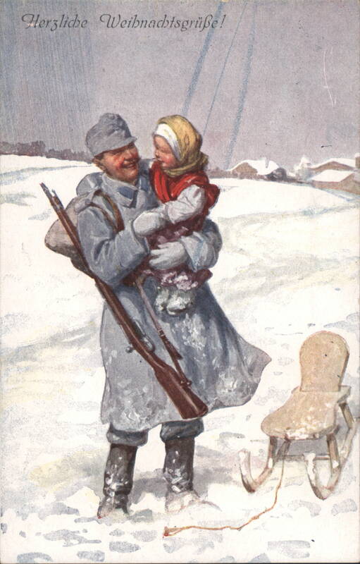 Herzliche Weihnachtsgrüße! Soldier & Child in Snow with Sled
