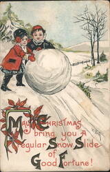 Christmas Children Rolling Snowball, 'Snow Slide of Good Fortune' Postcard