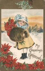 Young Girl in Winter with Poinsettias - My Christmas Greeting Postcard