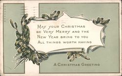 Christmas and New Year Greeting with Mistletoe and Green Border Postcard