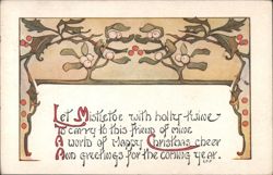 Art Nouveau Christmas Greeting with Mistletoe and Holly Design Postcard